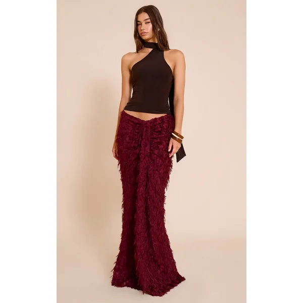Deep Red Distressed Woven Dip Waist Maxi Skirt