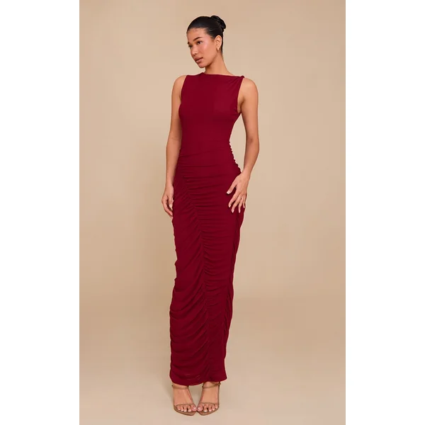 Deep Red Double Layer Mesh Boat Neck Ruched Maxi Dress