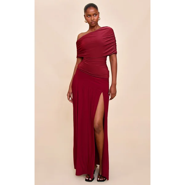 Deep Red Double Layer Slinky Drop Waist Slit Maxi Skirt