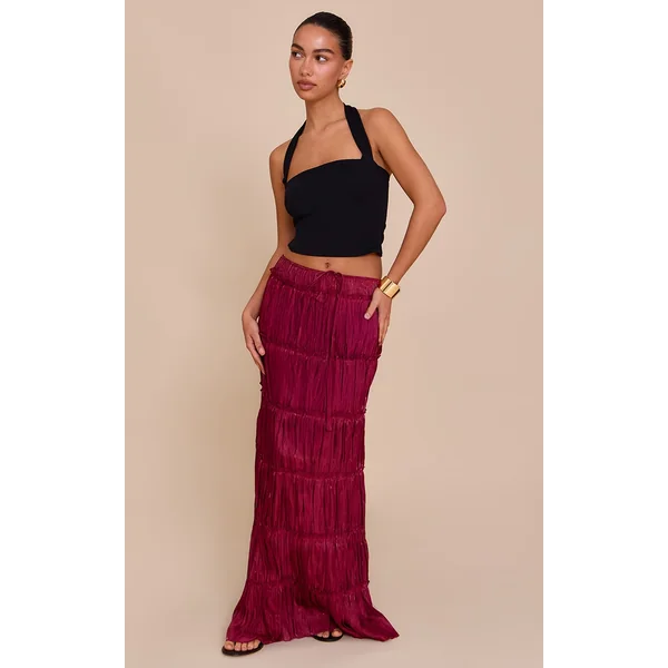 Deep Red Drawstring Frill Tiered Maxi Skirt