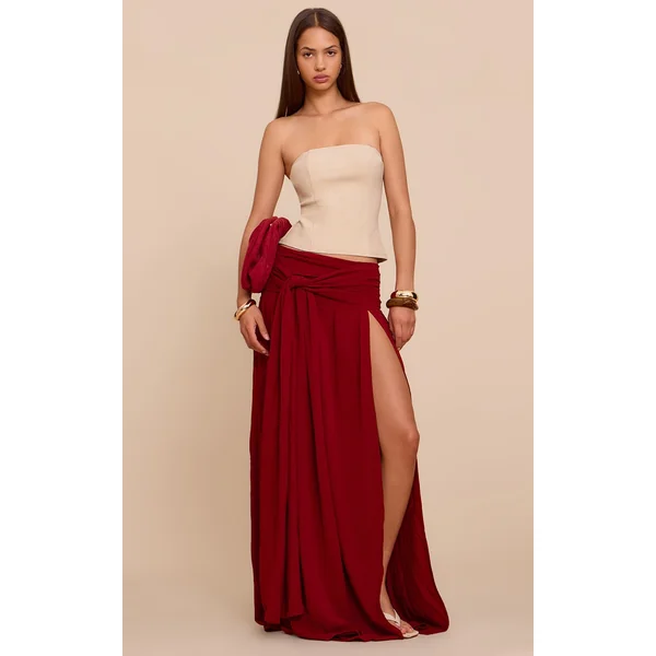 Deep Red Floaty Woven Knot Front Maxi Skirt