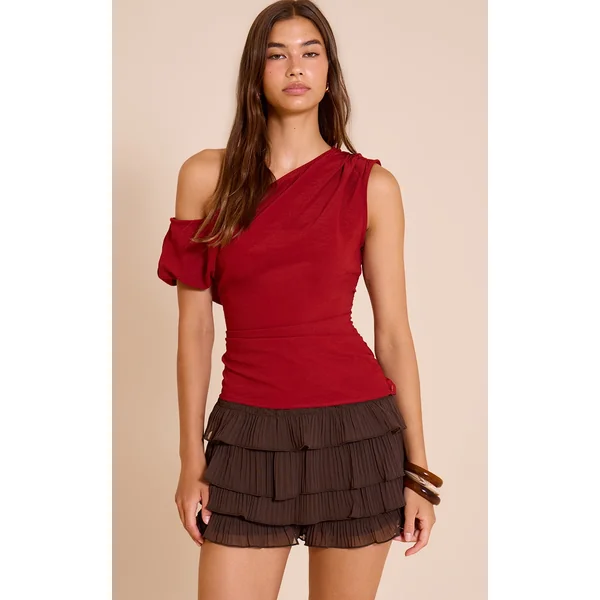 Deep Red Floaty Woven Ruched One Shoulder Top