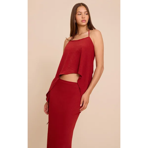 Deep Red Floaty Woven Split Hem Spaghetti Strap Top