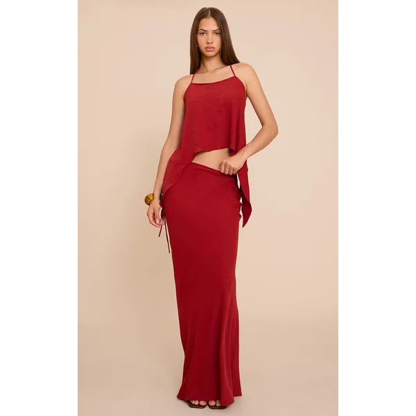 Deep Red Floaty Woven Tie Side Low Rise Maxi Skirt