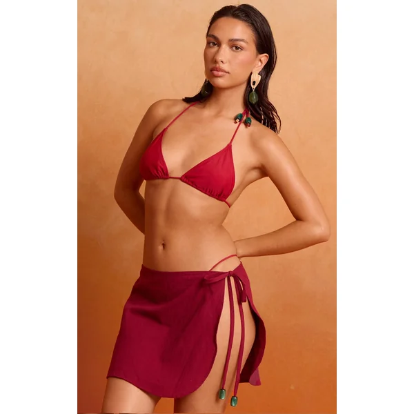 Deep Red Linen Look Bead Trim Sarong