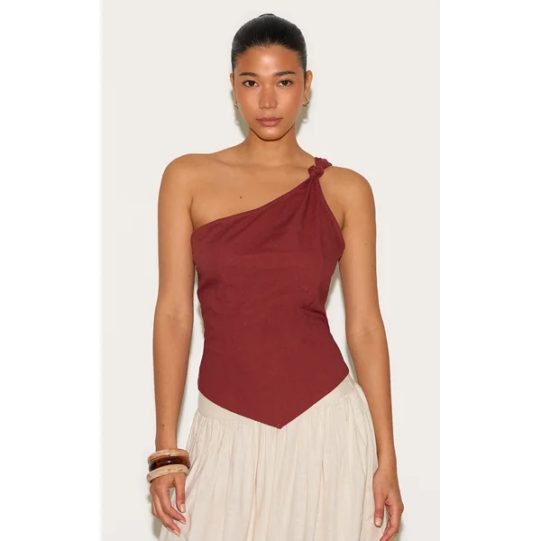 Deep Red Linen Look Neck Detail Long Top