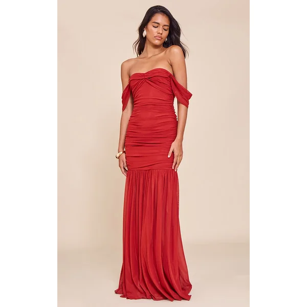 Deep Red Mesh Bardot Ruched Detail Maxi Dress