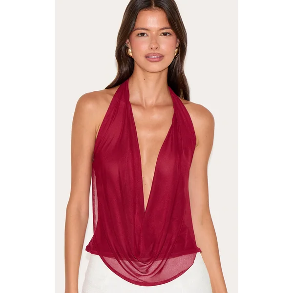 Deep Red Mesh Halter Neck Top