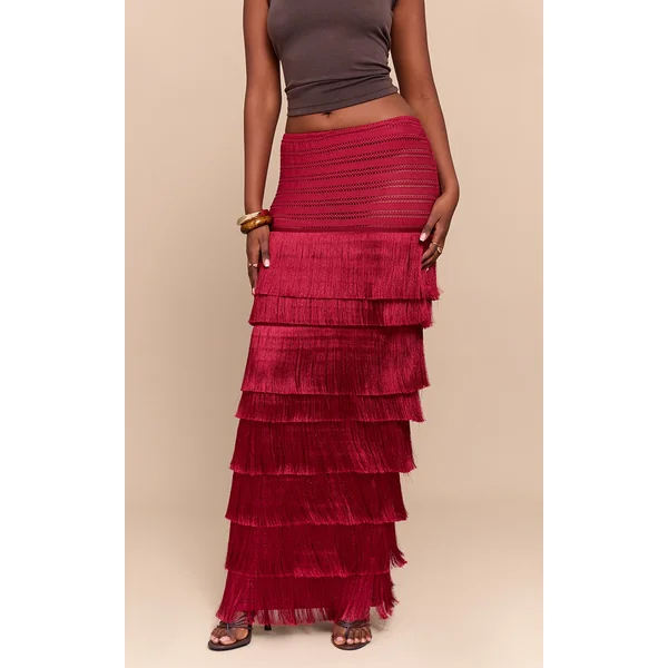 Deep Red Premium Textured Tassel Trimmed Maxi Skirt