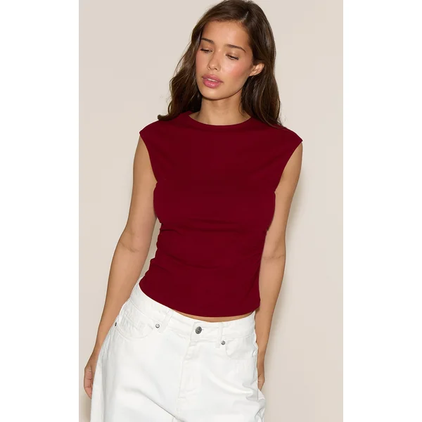 Deep Red Soft Cotton Ruched Side Sleeveless Top