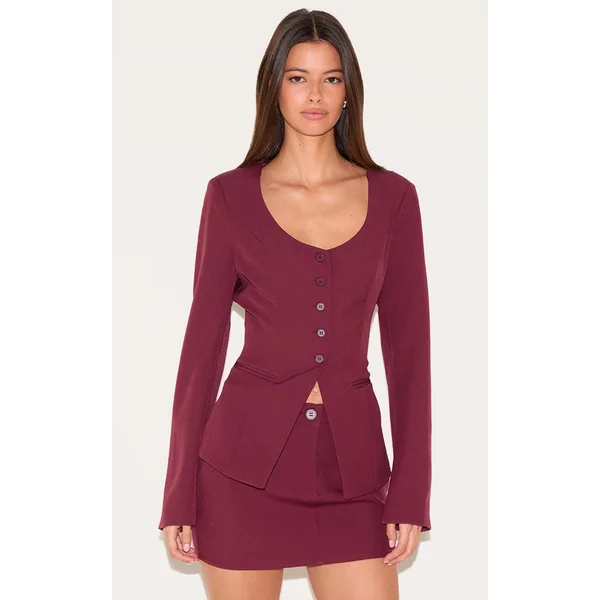 Deep Red Tailored Woven Button Up Blazer