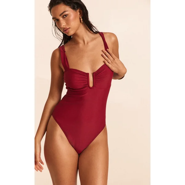 Deep Red Underwired U Bar Ruched Cup Swimsuit