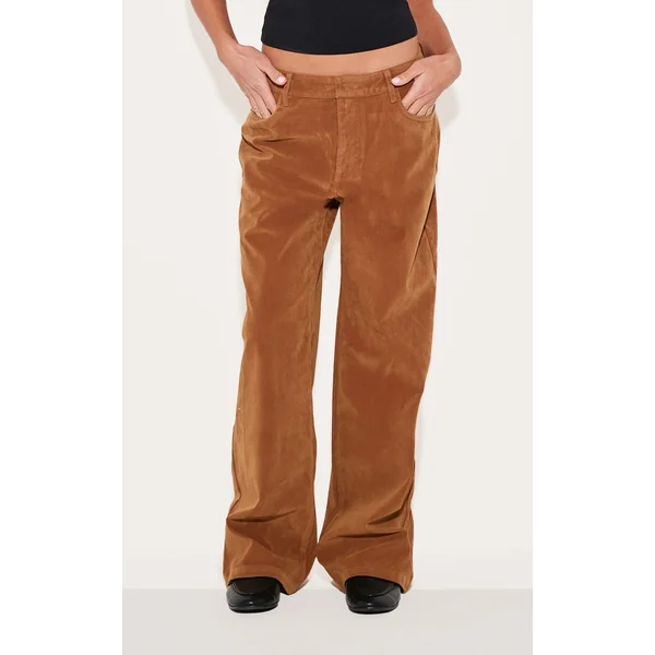 Deep Tan Faux Suede Mid Rise Straight Leg Pants