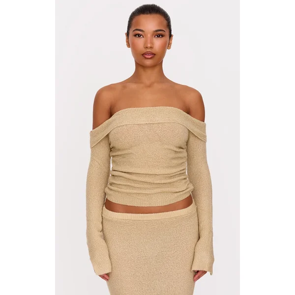 Deep Taupe Bobble Knit Ruched Side Asymmetric Fold Over Top