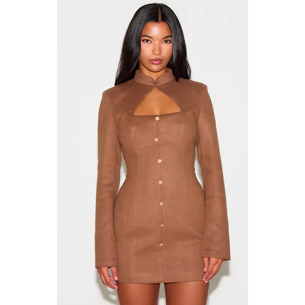 Deep Taupe Brushed Woven Long Sleeve Button Detail Mini Dress