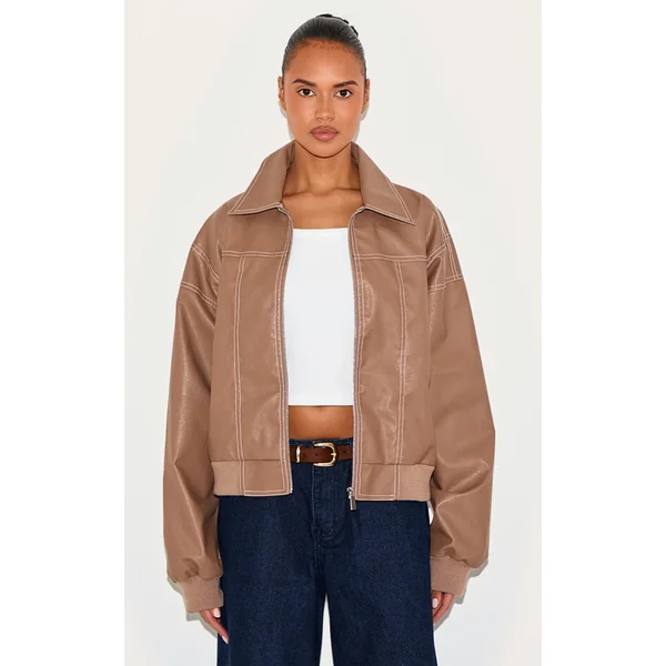 Deep Taupe Faux Leather Stitch Detailing Biker Jacket