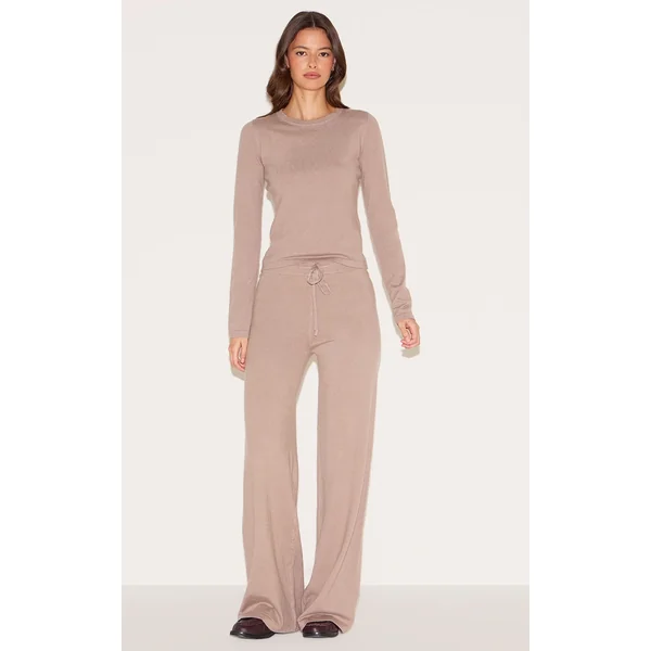 Deep Taupe Soft Knit Drawstring Waist Wide Leg Pants