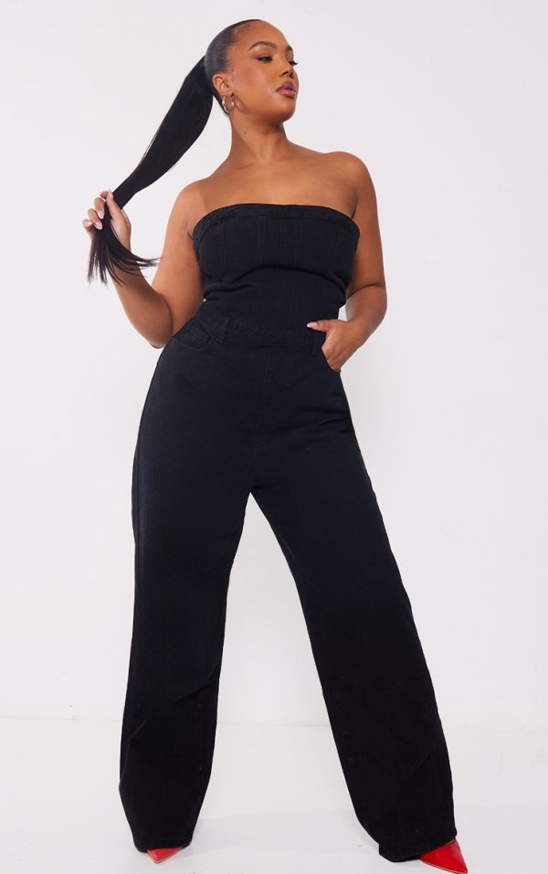 Plus Washed Black Bandeau Denim Jumpsuit