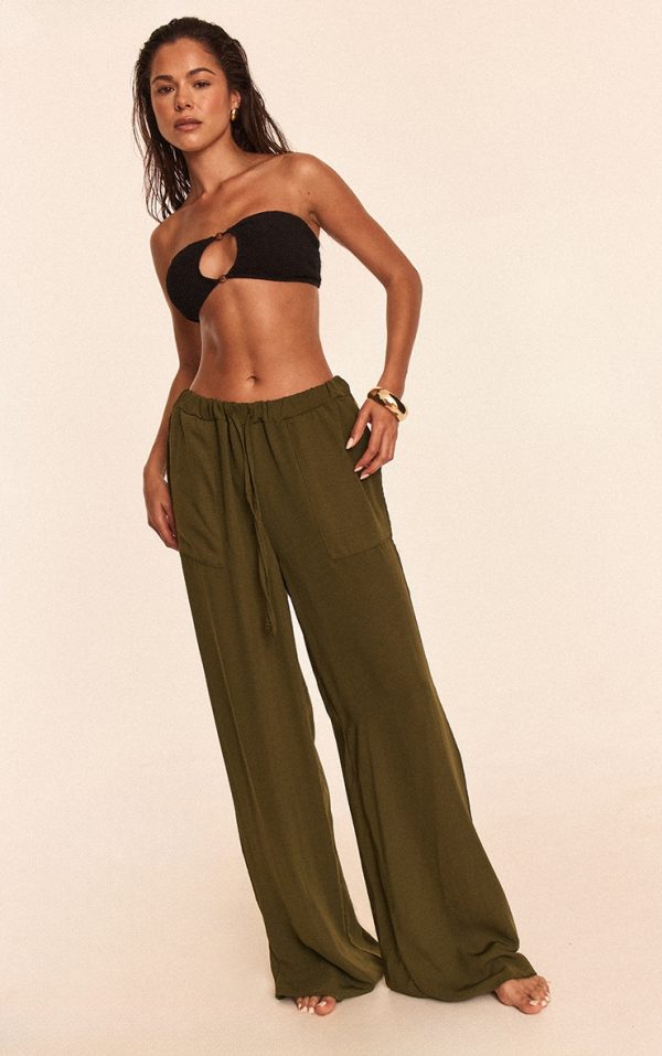 Khaki Linen Look Drawstring Beach Pants