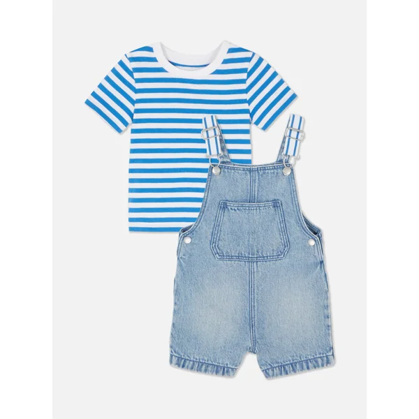 Denim Overalls and T-Shirt Set - Mid Blue