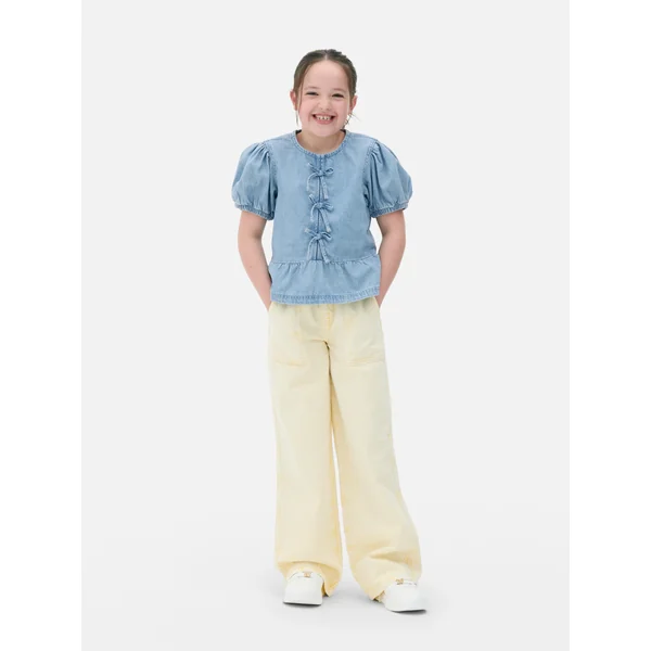 Denim Puffed Sleeve Blouse - Blue