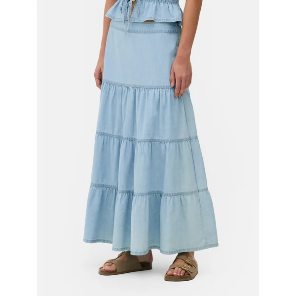 Denim Tiered Maxi Skirt - Light Blue