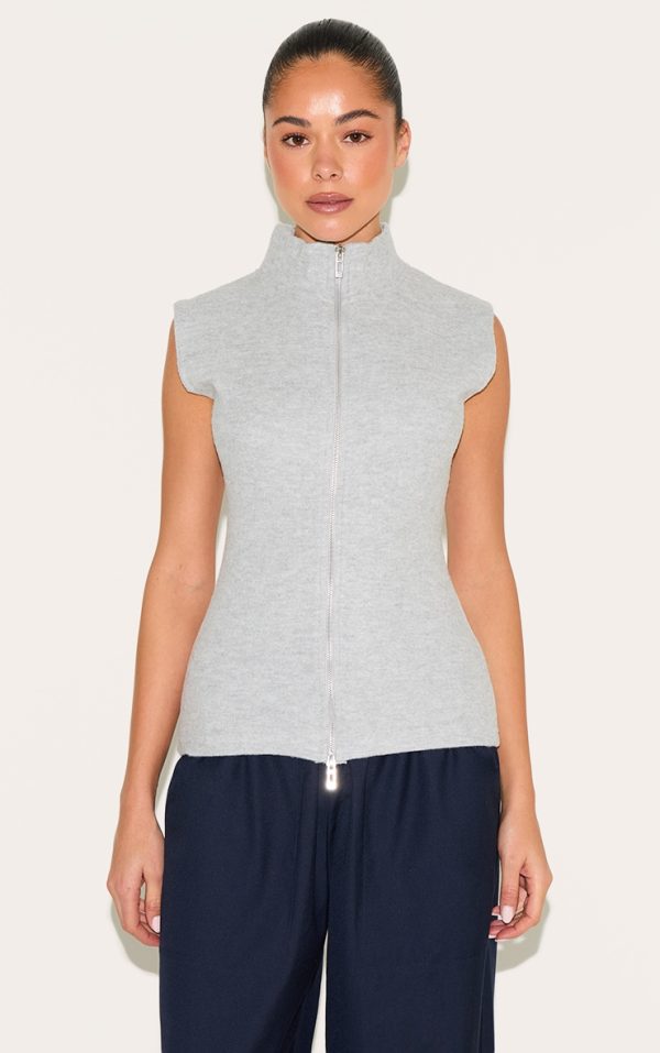 Grey Soft Touch Dual Zip Sleeveless Top