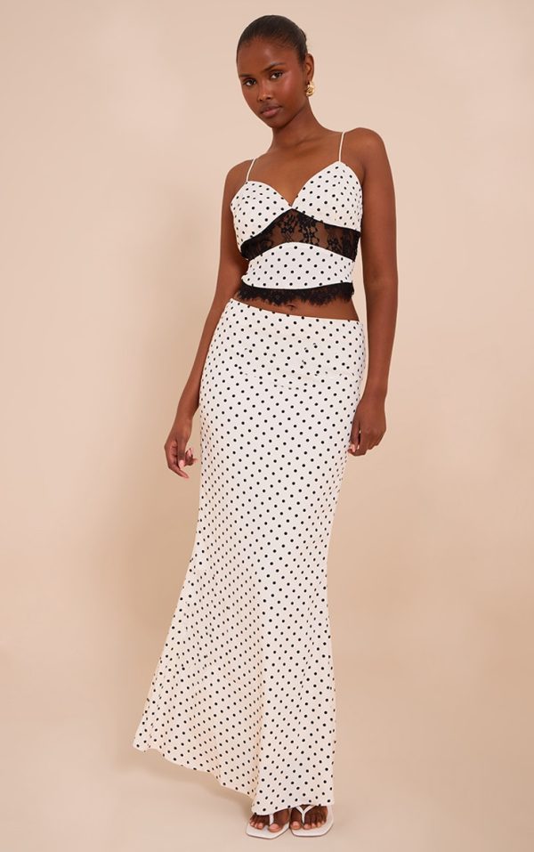 White Polka Dot Mid Rise Fishtail Maxi Skirt