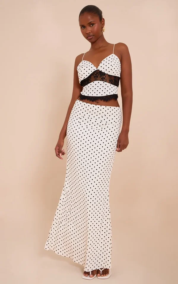 White Polka Dot Mid Rise Fishtail Maxi Skirt
