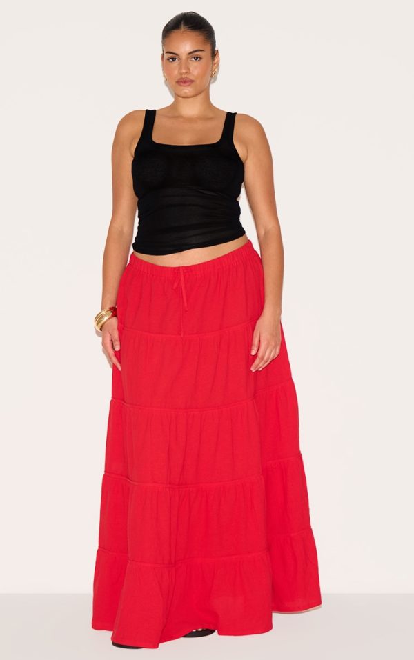 Plus Tomato Red Cotton Tiered Drawstring Waist Maxi Skirt