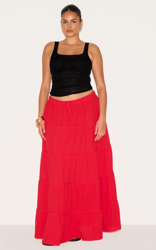 Plus Tomato Red Cotton Tiered Drawstring Waist Maxi Skirt