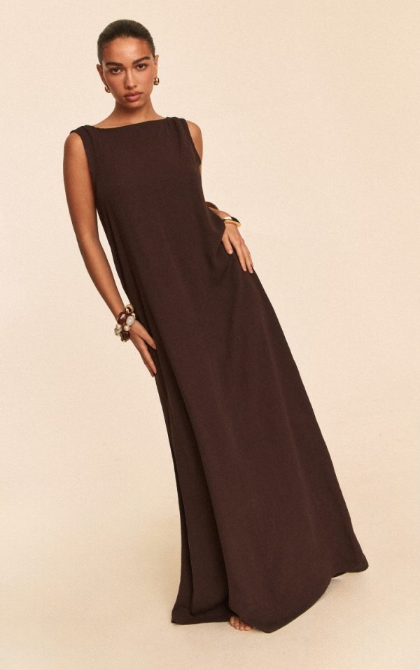 Chocolate Floaty Woven Boat Neck Maxi Beach Dress