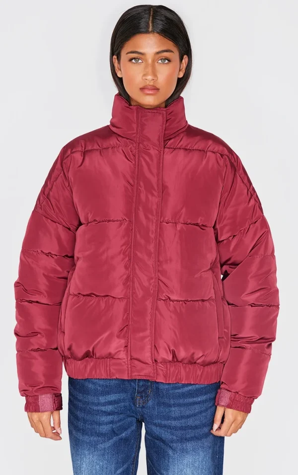 Burgundy Funnel Neck Padded Jacket