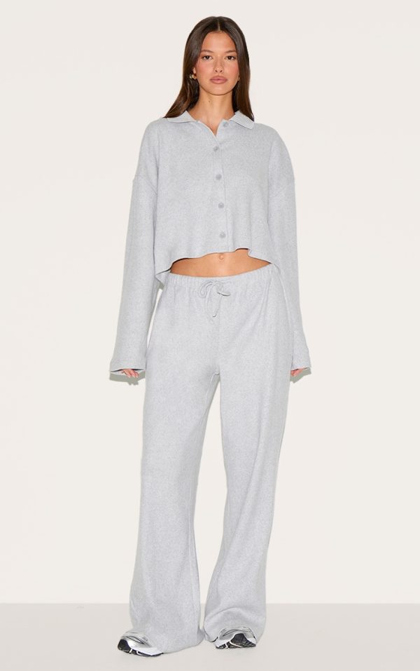 Light Grey Brushed Rib Drawstring Wide Leg Pants