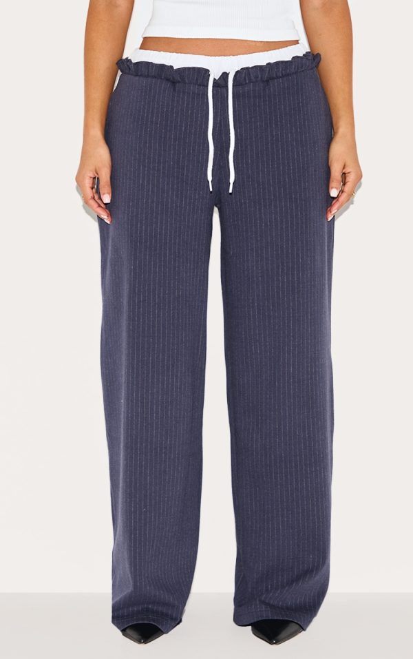 Petite Navy Pinstripe Contrast Waistband Wide Leg Pants