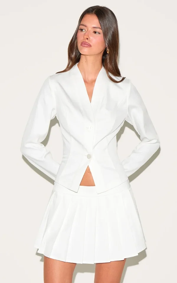 White Cinched Waist Button Detail Shirt