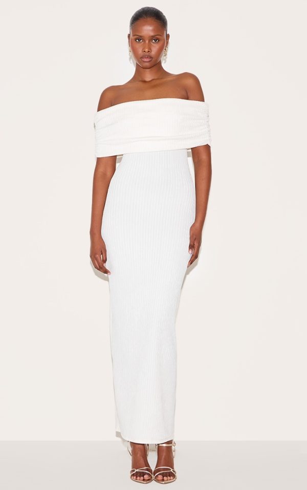 Cream Textured Fold Over Bardot Maxi Dress