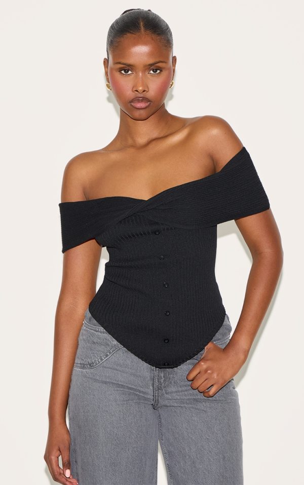 Black Rib Knit Twist Bardot Button Through Top