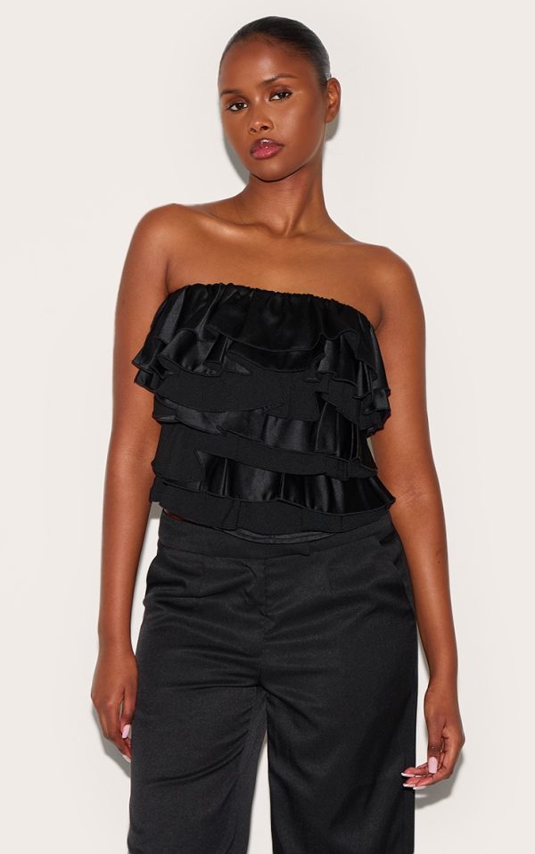 Black Satin Ruffle Bandeau