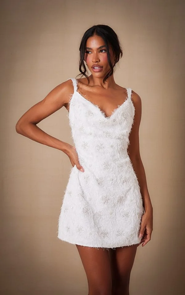 Premium White Sequin Embroidered Cowl Neck Shift Dress