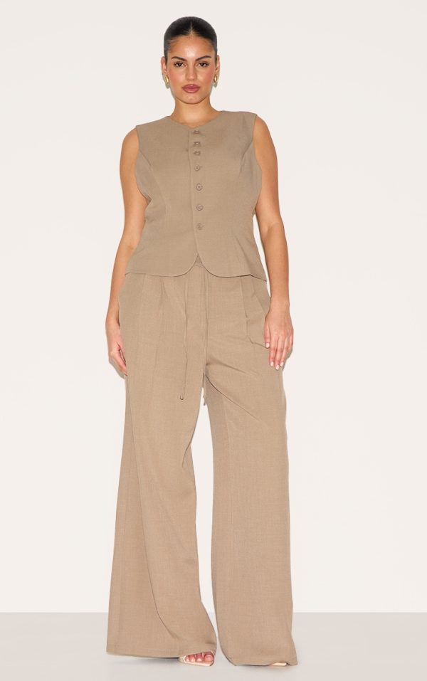 Plus Taupe Tailored Tie Detail Woven Wide Leg Pants