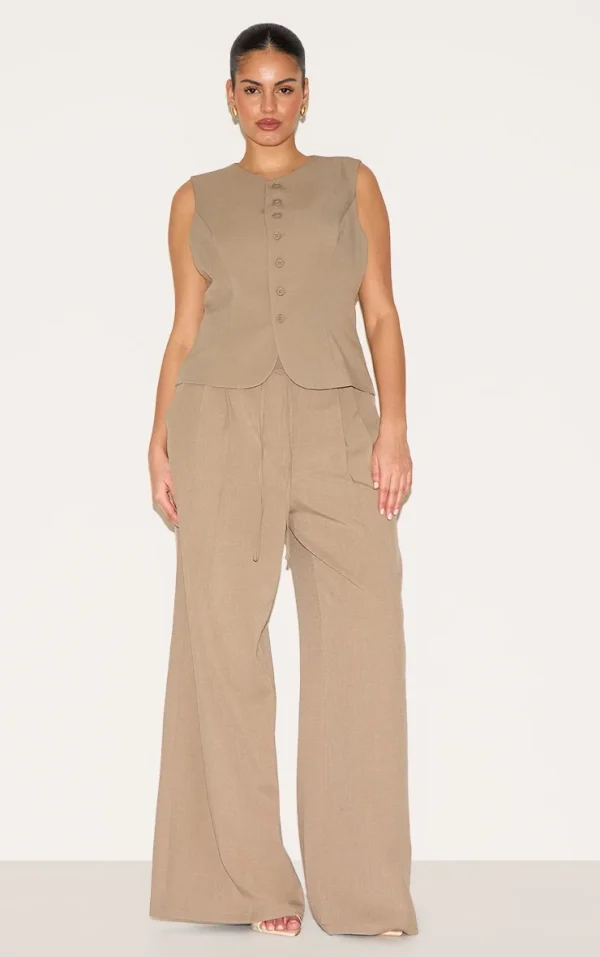 Plus Taupe Tailored Tie Detail Woven Wide Leg Pants