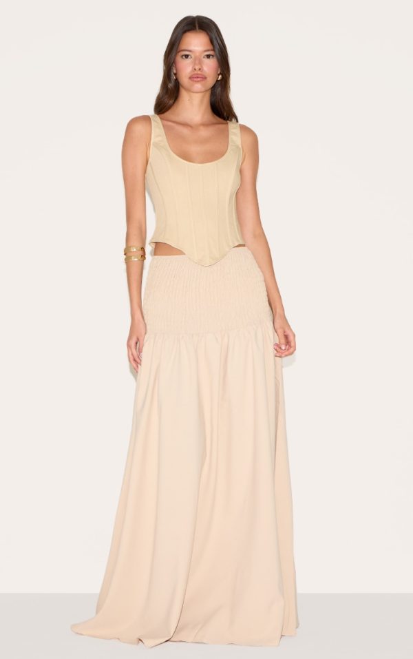 Almond Shirred Waist Cotton Poplin Maxi Skirt