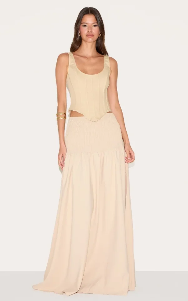 Almond Shirred Waist Cotton Poplin Maxi Skirt