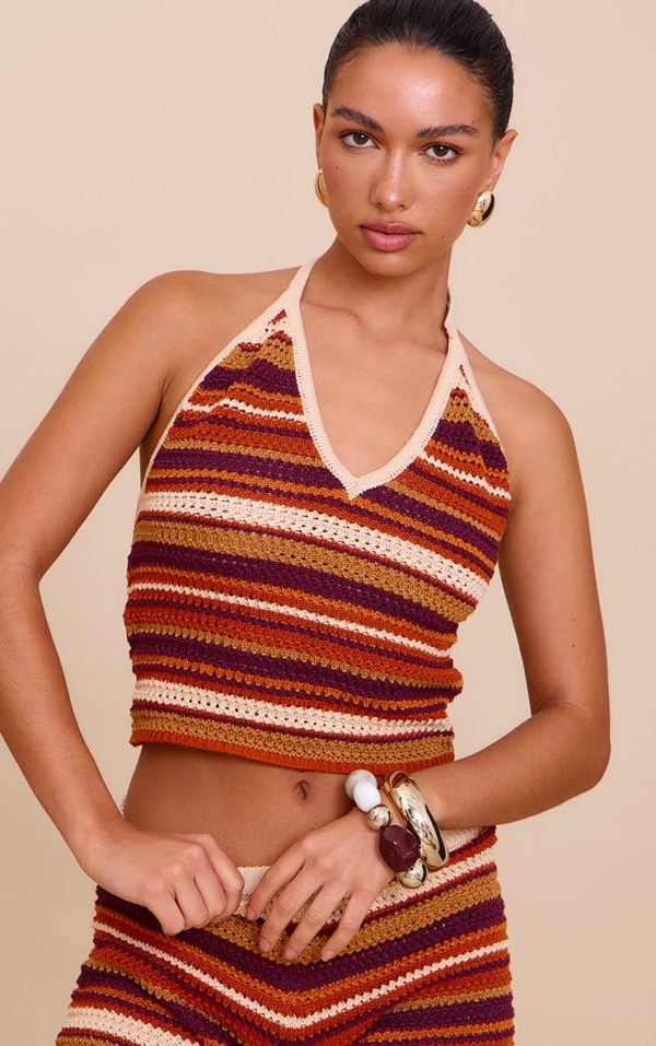 Multi Stripe Crochet Halter Neck Top