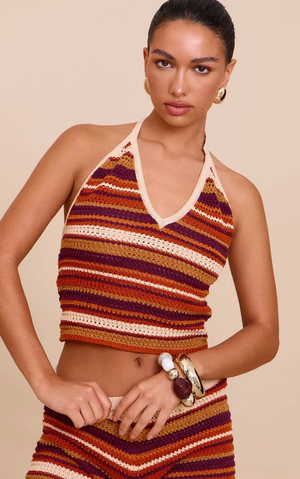 Multi Stripe Crochet Halter Neck Top