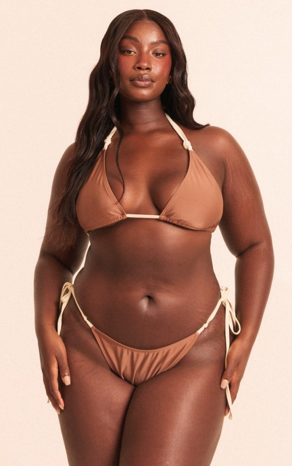 Plus Chocolate Contrast Binding Knot Triangle Bikini Top