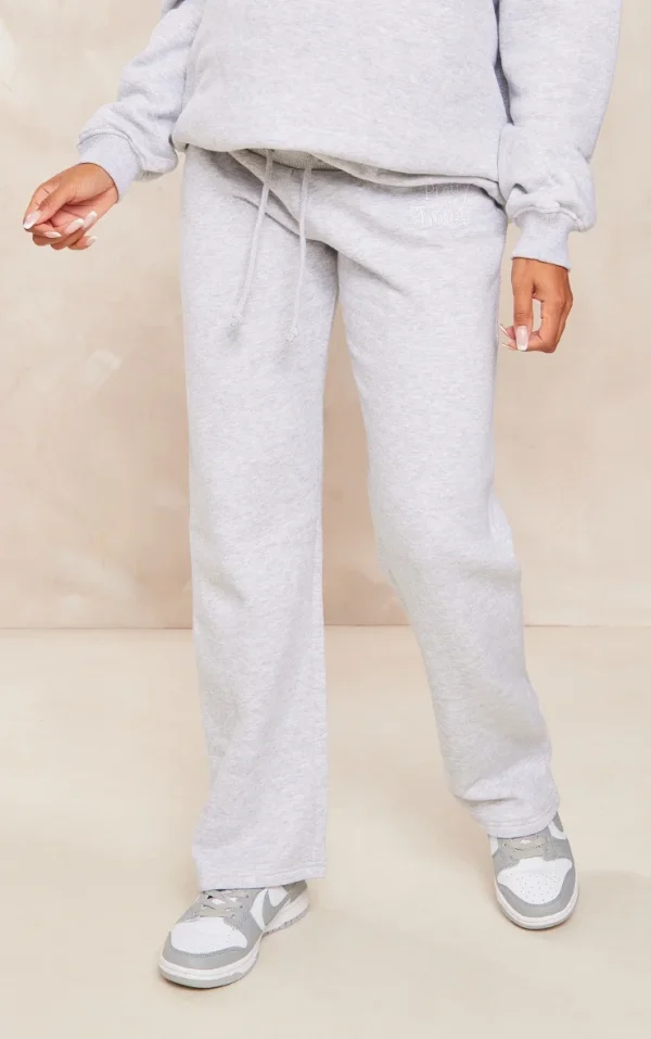 PRETTYLITTLETHING Maternity Ash Grey Embroidered Wide Leg Sweatpants