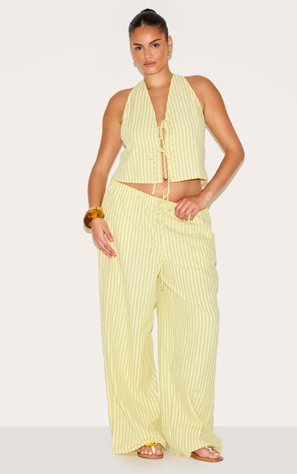 Plus Lime Green Striped Tie Waist Straight Leg Pant