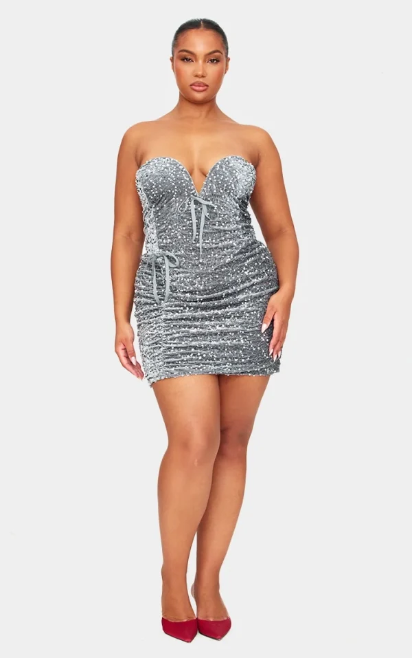 Plus Grey Sweetheart Neckline Velour Sequin Mini Dress